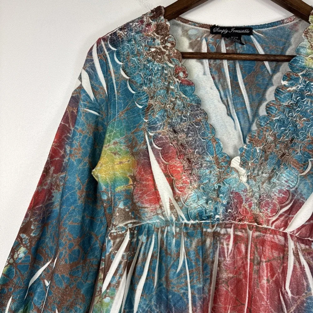 Y2K 2000s Top Womens Large XL Colorful Vibrant Babydoll‎ Boho Tunic Blouse - Picture 2 of 10